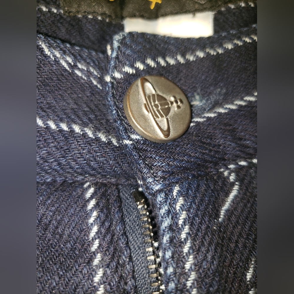 Vivienne Westwood indigo Navy Pinstripe barrel cut 100% cotton pants trouser